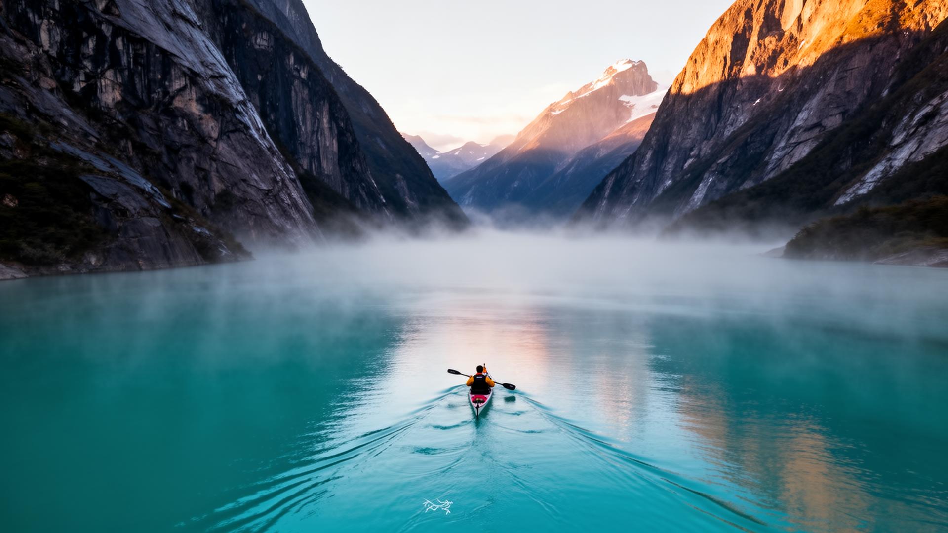 Lone kayaker paddling through a misty turquoise fjord at sunrise