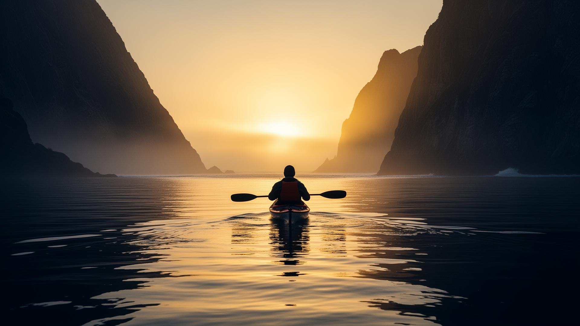 Lone kayaker silhouette at golden sunrise paddling toward ocean cliffs